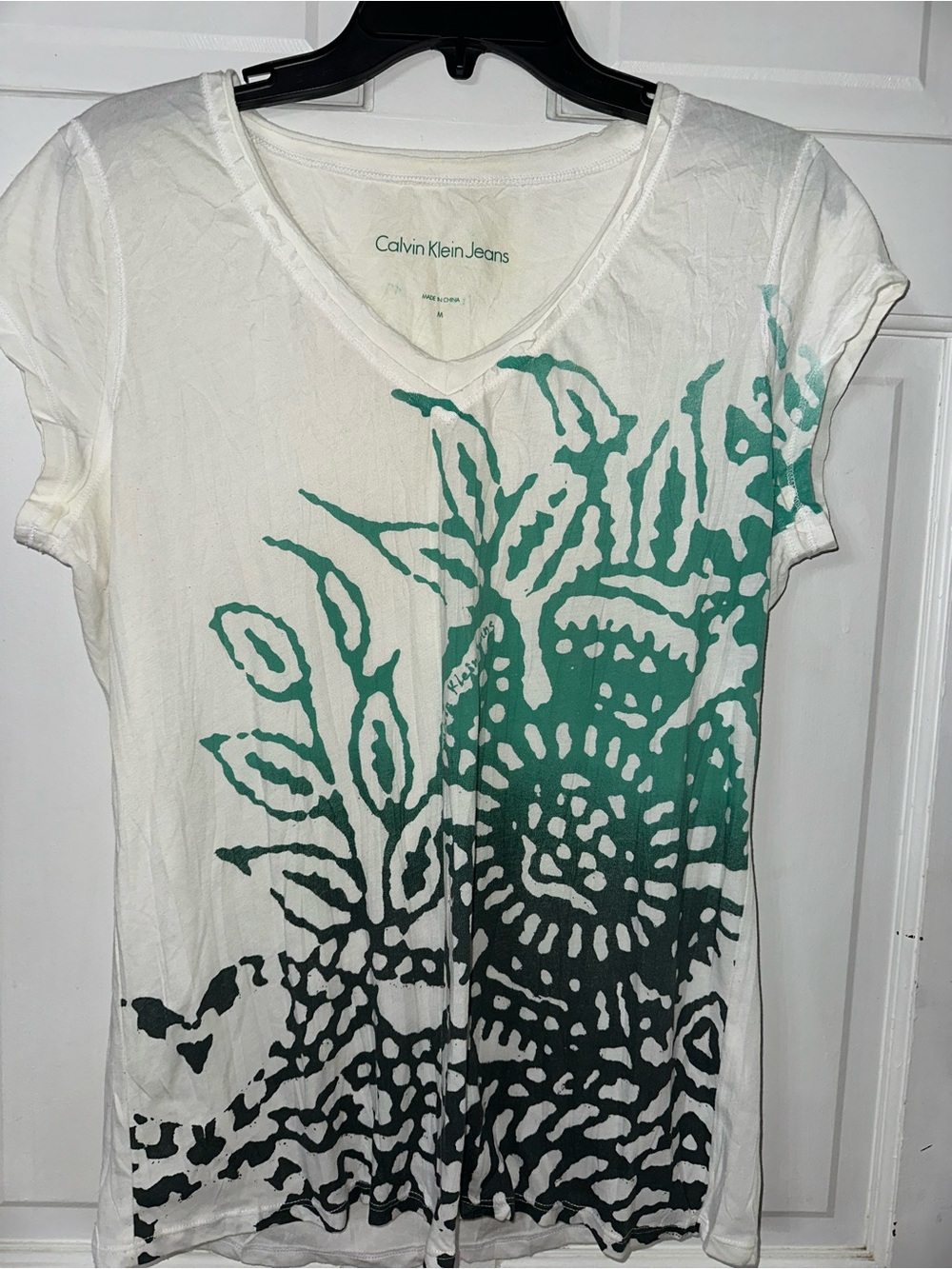 Calvin Klein Jeans White V-Neck Tee with Teal Floral Print
